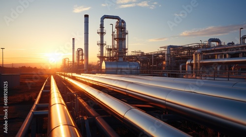 Silver gas pipelines at sunrise.