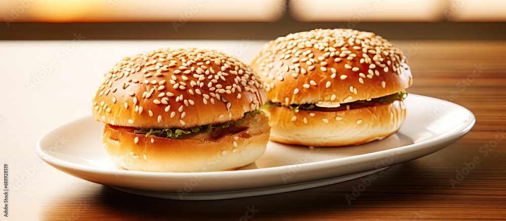 Pair of cheeseburgers on white plate with sesame seed buns Pair of cheeseburgers on white plate with sesame seed buns