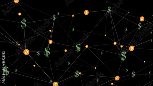 Crypto investment fund connected to digital money analyzing evolution of bitcoin dollar lines on black background to seize fintech opportunity in crypto market