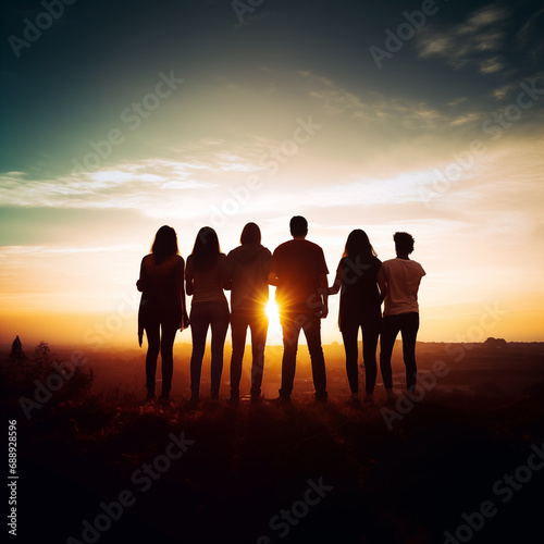  group of people hugging while sunset © digitizesc