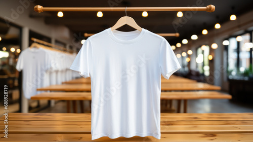 A white t-shirt hanging on a hanger in a well-lit modern and tidy clothing store.