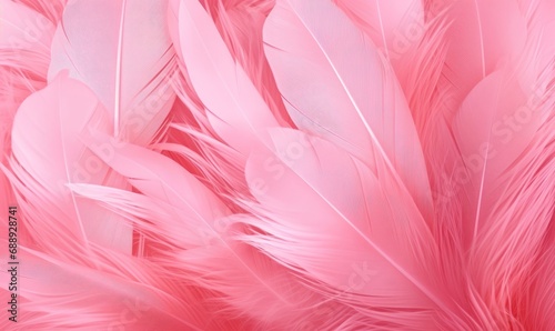 Close up of abstract feathers in a vibrant shade of pink set against a matching pink backdrop. Feather-textured background  banner. Generative AI