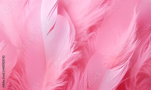 Close up of abstract feathers in a vibrant shade of pink set against a matching pink backdrop. Feather-textured background, banner. Generative AI