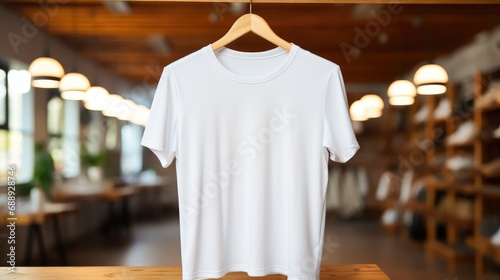 A white t-shirt hanging on a hanger in a well-lit modern and tidy clothing store.