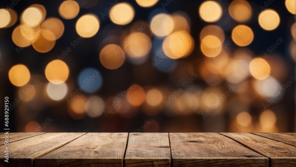 Wooden Table with Bokeh Lights for Festive Occasions. Generative AI. Wooden Table with Bokeh Lights for Festive Occasions. Generative AI.