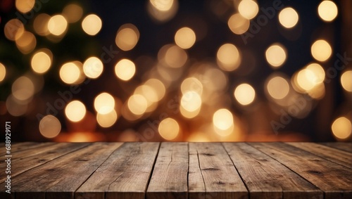  Wooden Table with Bokeh Lights for Festive Occasions. Generative AI.