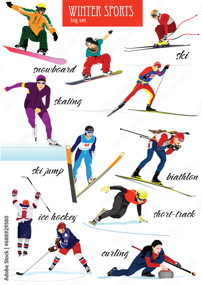 Big set of Winter sports. Vector 3d hand drawn  illustration