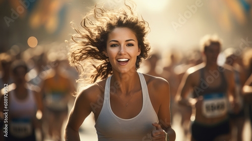 A young woman winning a running marathon.