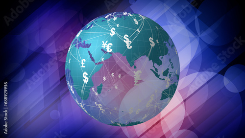 Yen global news background with abstract depy globe symbol representing worldwide finance  currency trade  and international banking in euro  yuan  yen  pound  dollar  and other official currencies