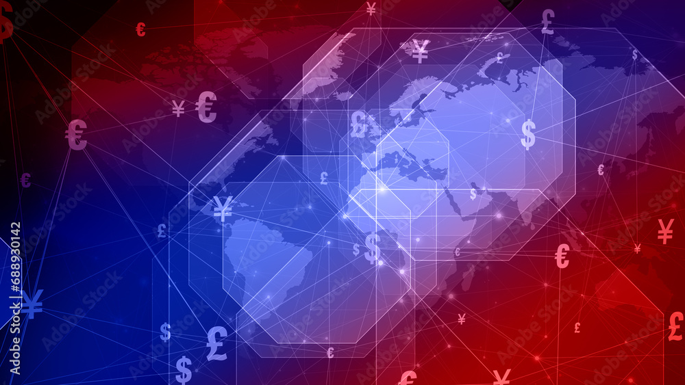 Yuan finance world map for financial news, dollar, yen, euro, pound symbol of international wealth and news backdrop in octagon Yuan finance world map for financial news, dollar, yen, euro, pound symbol of international wealth and news backdrop in octagon