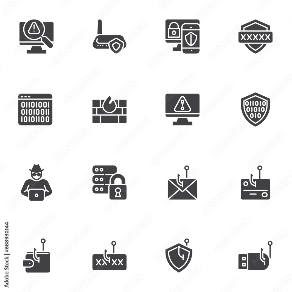 Cyber attack, hacking vector icons set