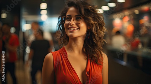 Beautiful happy young woman wearing fashionable glasses in an optics store