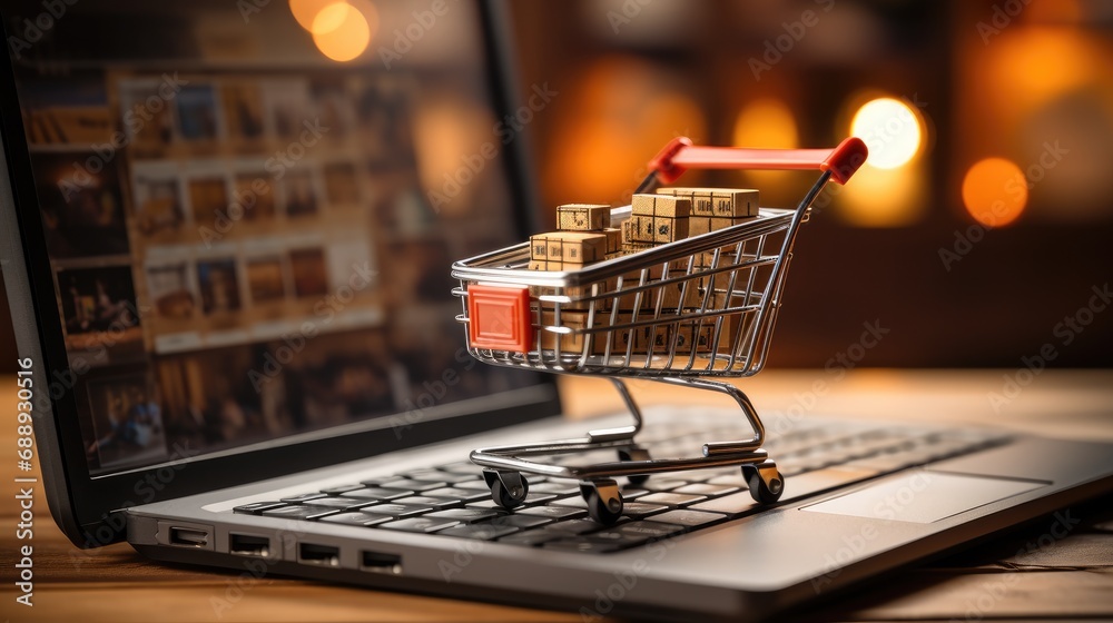 Online shopping concept with miniature shopping cart standing in front of laptop.