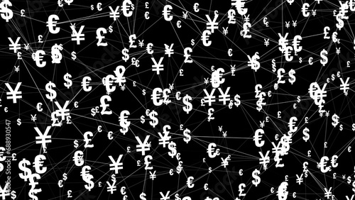 Currency symbols for dollar, euro, pound, and yen on black background wallpaper representing international finance and concept of paying, trading, and investing in global market economy photo