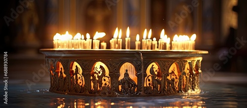 Orthodox Church's baptismal font with lit candles. Christian faith and customs. photo