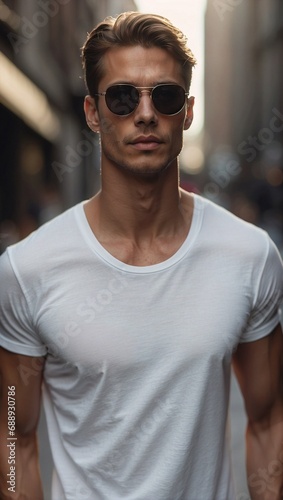 Urban portrait of young man, wearing basic white t-shirt and dark sunglasses. Generative AI.