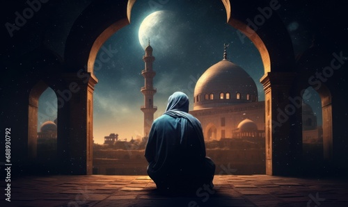 muslim old man praying on a mosque with starry and crescent moon moon night. Generative AI