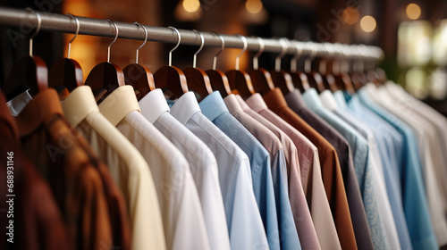 Close-up of casual men's shirts hanging on wooden hangers.