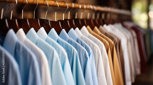Close-up of casual men's shirts hanging on wooden hangers. photo