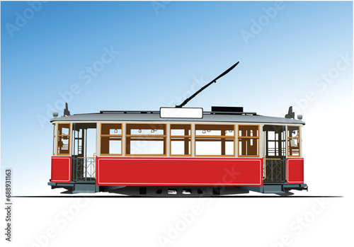 City transport. Old Tram. Colored Vector 3d hand drawn illustration photo
