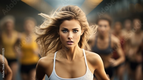 Female with blond brown hair competing in a running competition.