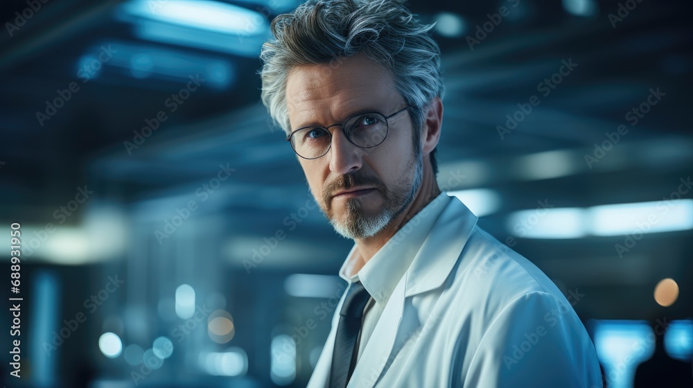 Fototapeta premium Scientist with white lab coat in a research facility.