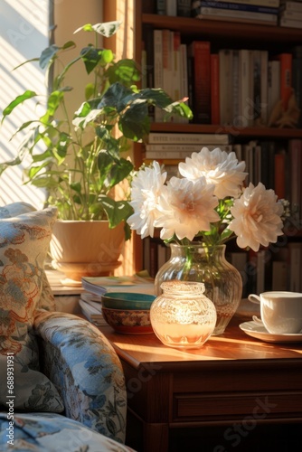 Ultra realistic photograph of design detailed interior with armchair and plants