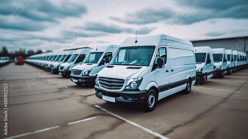 Row of white cargo vans ready for dispatch at warehouse.