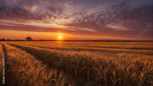 Ripe Wheat Field Landscape at Sunset. Generat5ive AI © CZALBERTO