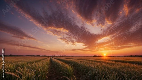Ripe Wheat Field Landscape at Sunset. Generat5ive AI