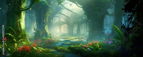 A beautiful enchanted forest with big fairytale trees and great vegetation. Illustration  Generative AI