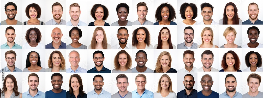 Many Headshots of a smiling men and women on a white background looking at the camera - obrazy, fototapety, plakaty 