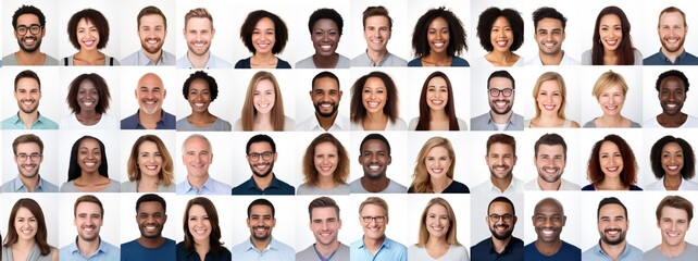 Many Headshots of a smiling men and women on a white background looking at the camera