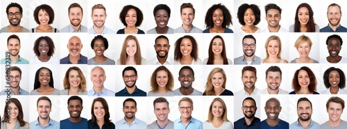 Many Headshots of a smiling men and women on a white background looking at the camera photo
