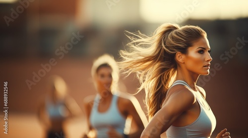 Athletes women on start before run sprint 100m, Sport woman running in Arena, Running athletes. photo