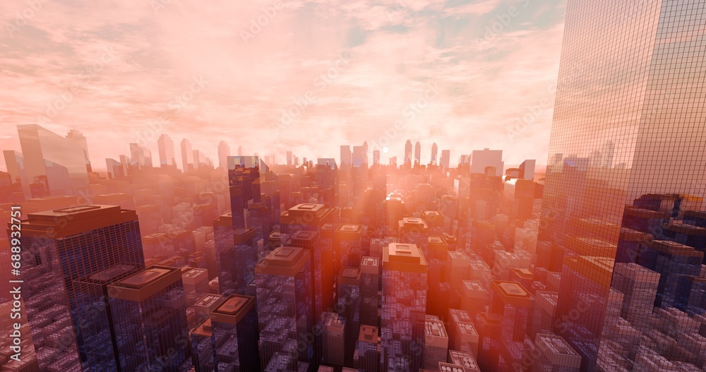 Aerial view of urban futuristic skyscrapers of sunrise and sunset. Downtown district. 3D rendering.