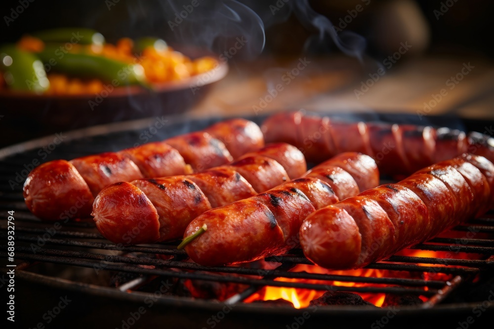 Barbecue sausage on skewers on the grill, barbecue party food. Generative AI