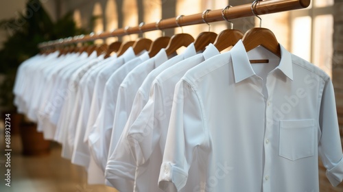 White shirts hanging on white built-in clothes racks. photo