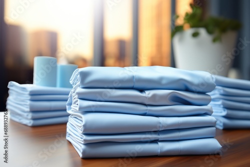 Close up of pile of pastel blue color ironed shirts on table. © visoot
