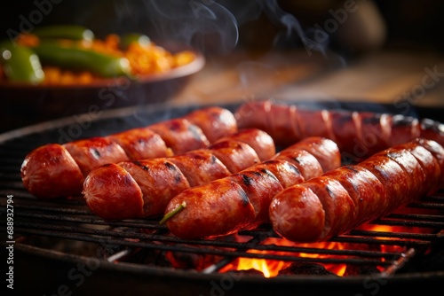 Barbecue sausage on skewers on the grill, barbecue party food. Generative AI