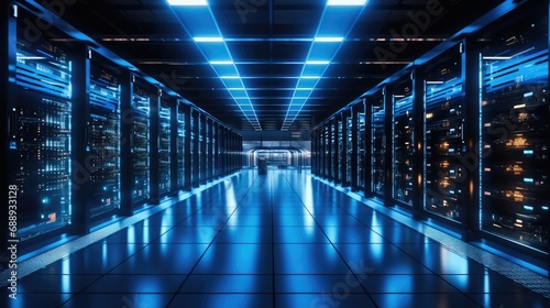 Modern Data Technology Center Server Racks, Big Data Protection, Storage, Cloud Computing.