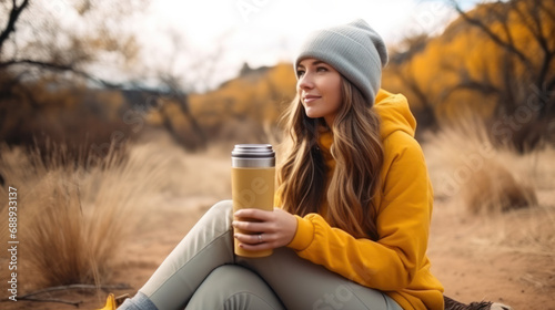 Side view of woman hiker in sports clothes enjoying view. Female holding thermos sitting on rock and relaxing during hike.