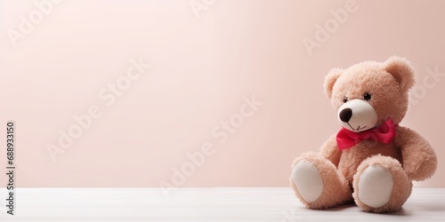 Cute teddy bear with copy space on light color background. Generative AI
