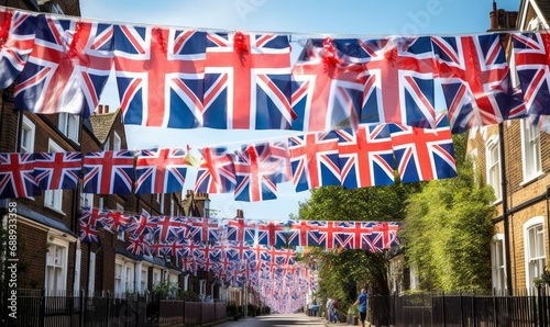 Union Jack flags hanging at the street ready to national holiday celebration, Generative AI photo