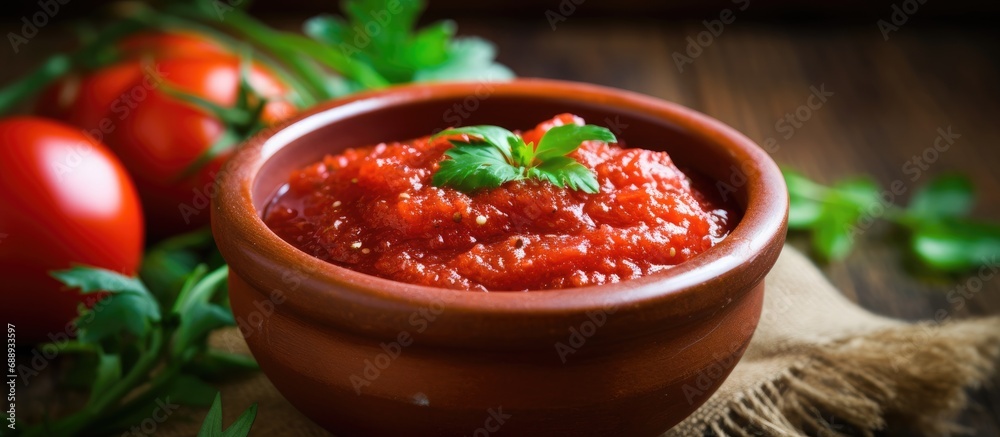 Tomato paste in a rustic bowl, photographed from above with wooden background and empty space on the side (Selective Focus, Focus on the tomato paste). Tomato paste in a rustic bowl, photographed from above with wooden background and empty space on the side (Selective Focus, Focus on the tomato paste).