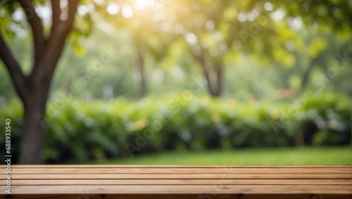 Empty wood table garden bokeh background. Product and food display. Generative AI