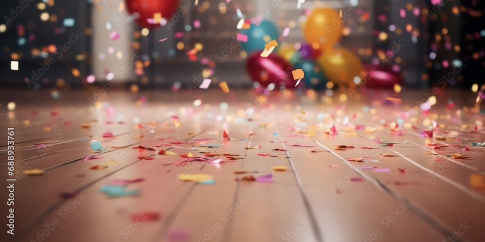 After the joyous  birthday bash or a splendid wedding celebration, the floor becomes a canvas adorned with the remnants of revelry confetti. - obrazy, fototapety, plakaty 