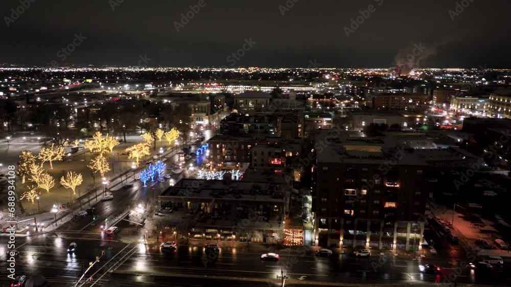Salt Lake City, Utah at nighttime with Christmas lights and the skyline - aerial panorama Salt Lake City, Utah at nighttime with Christmas lights and the skyline - aerial panorama
