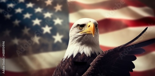 Bald eagle with American flag. Memorial day or Veterans day concept with text. Background illustration. Generative AI
