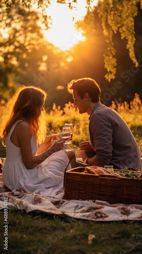 Romantic Sunset Picnic with Wine in Lush Field